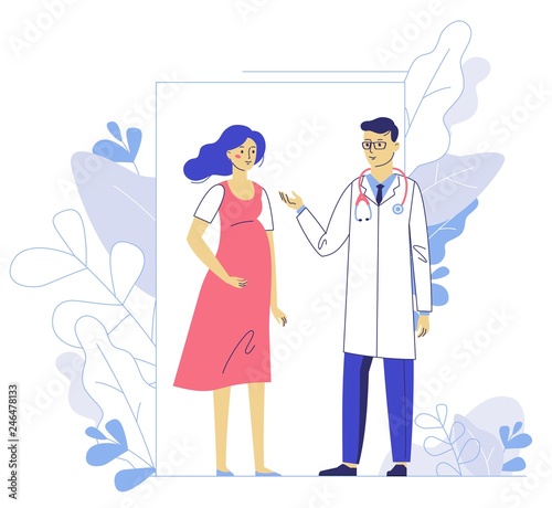 Medicine concept of pregnancy with doctor man and young girl patient in hospital. Practitioner and pregnant woman standing together. Consultation, medical examination and diagnosis.
