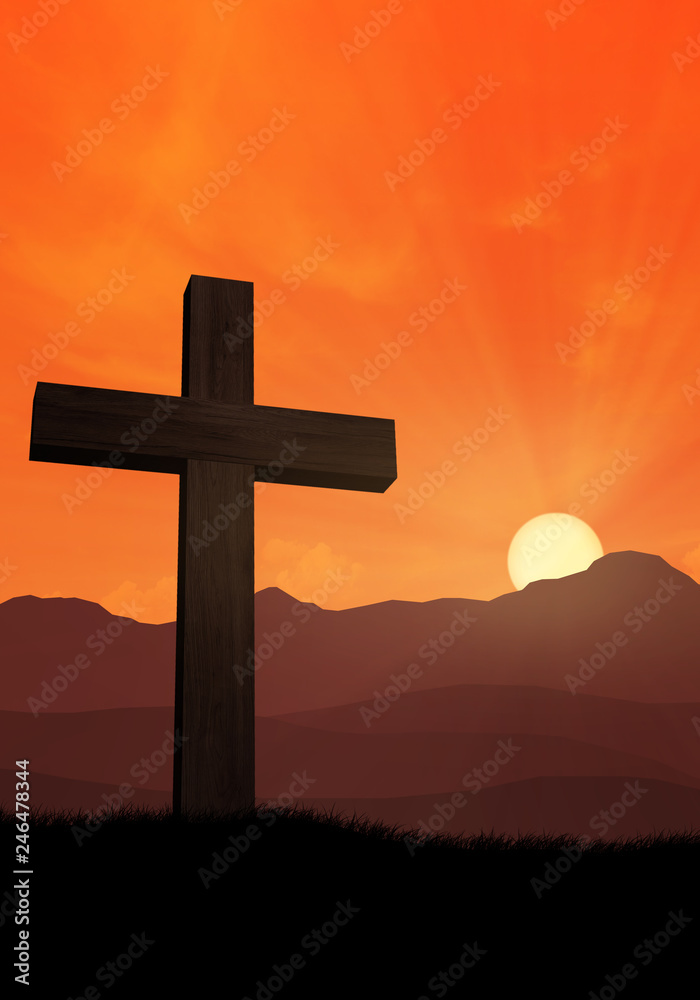 Cross of jesus in front of mountains at sunset 2
