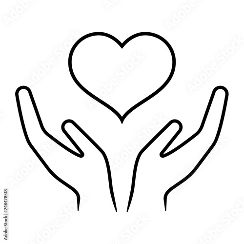 Line icon of hands carefully holding heart. Symbol of love and care. Vector Illustration