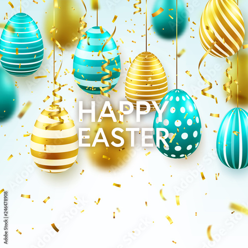 Easter golden, green egg with calligraphic lettering, greetings. Traditional spring holidays in April or March. Sunday. Eggs and gold.