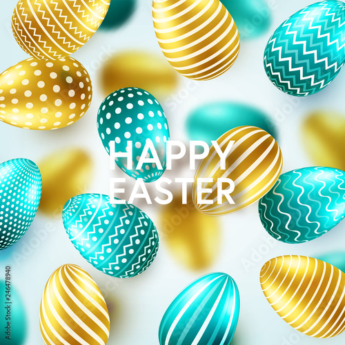 Easter golden, green egg with calligraphic lettering, greetings. Traditional spring holidays in April or March. Sunday. Eggs and gold.
