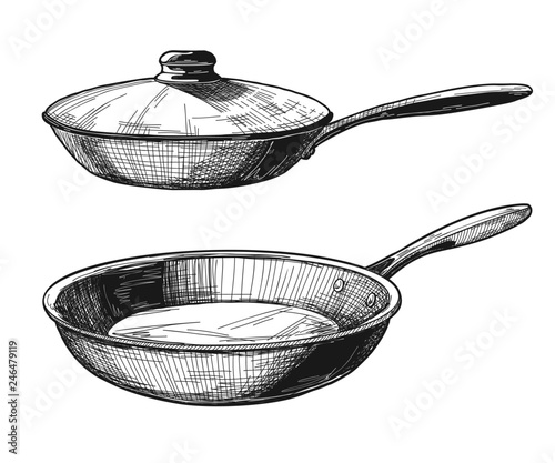 Two skillets isolated on white background. Vector illustration.