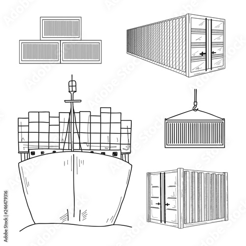 Sketch various containers and cargo ships. Hand drawn. Vector