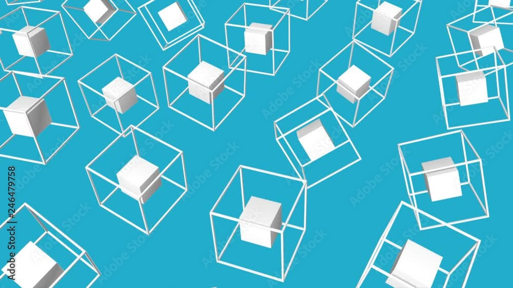 white cubes surrounded by a frame slowly moving on a turquoise background. three-dimensional animation. 3d render white cubes surrounded by a frame slowly moving on a turquoise background. three-dimensional animation. 3d render