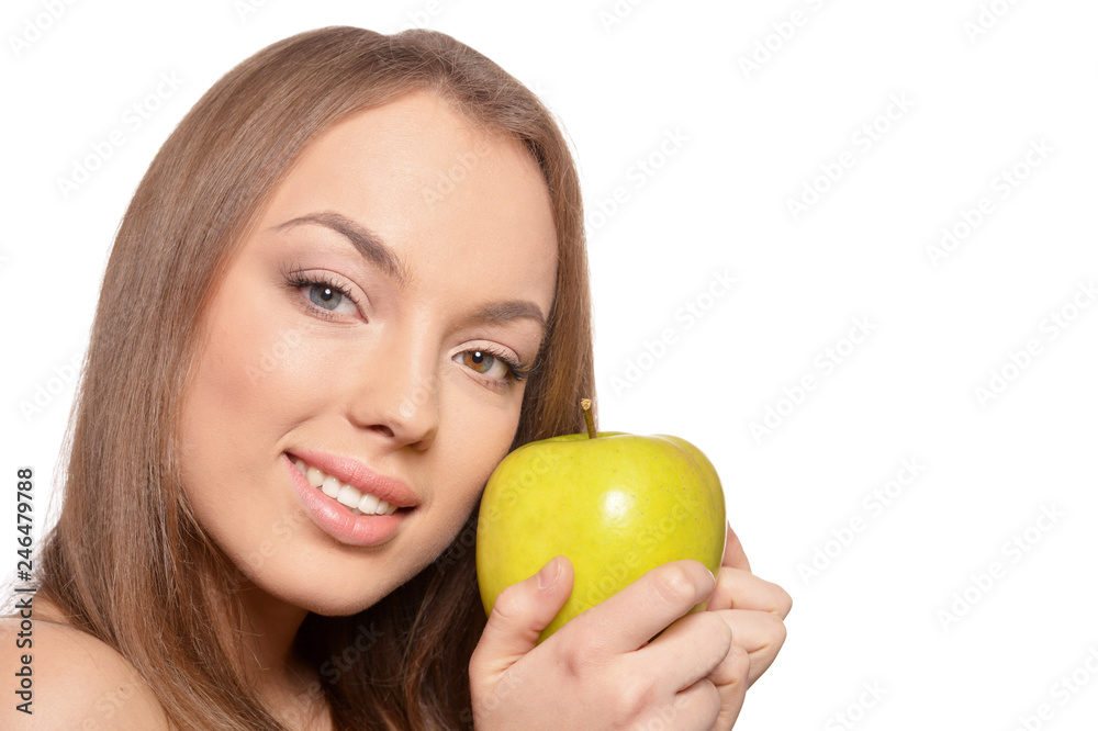 Portrait of beautiful young woman with green apple Portrait of beautiful young woman with green apple
