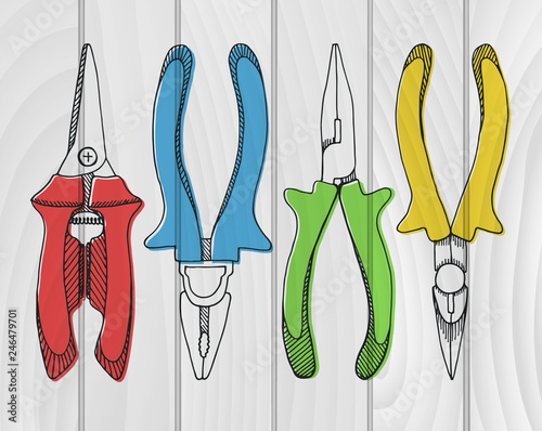 Set of pliers, pincers, and pruning scissors. Tools illustration in vector sketch style