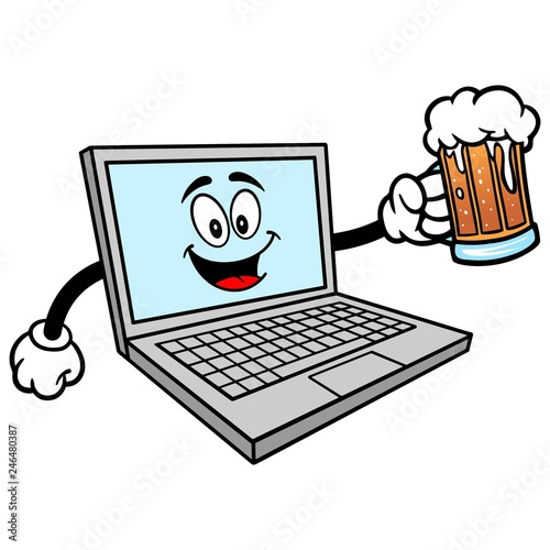 Computer Mascot with Beer - A vector cartoon illustration of a Computer Mascot with a Beer.