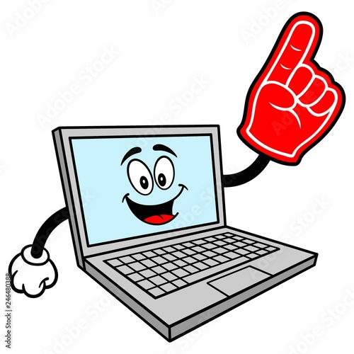 Computer Mascot with Foam Finger - A vector cartoon illustration of a Computer Mascot with a Foam Finger.