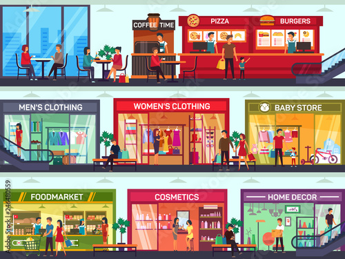 Shopping center with shops showcases on floors
