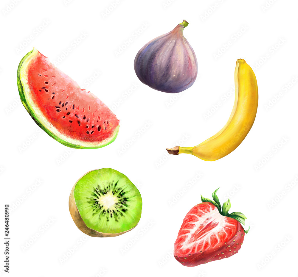 Naklejka premium Set of fruits. Set of drawn banana, watermelon, kiwi, strawberry and fig isolated on a white background