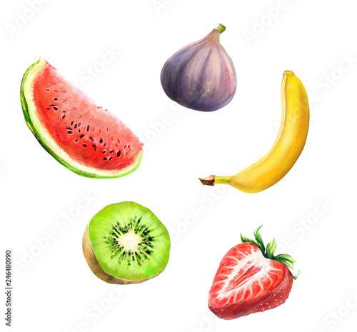 Fototapeta Naklejka Na Ścianę i Meble -  Set of fruits. Set of drawn banana, watermelon, kiwi, strawberry and fig isolated on a white background