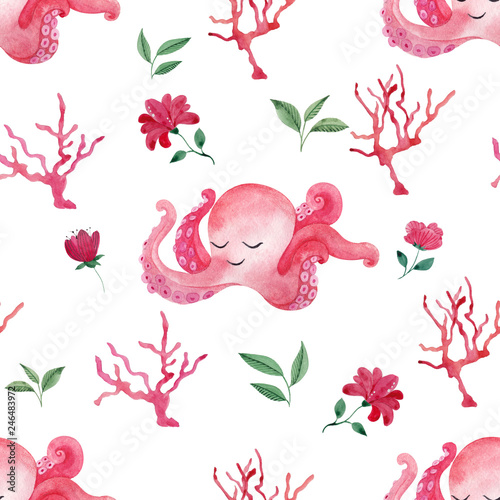 Seamless pattern with cute whaley and leaves photo