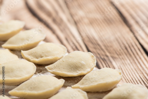 Raw dumplings ready to boil, close up. Also known as Vareniks, Ukrainian traditional cuisine