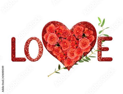 Lettering LOVE with red ros...