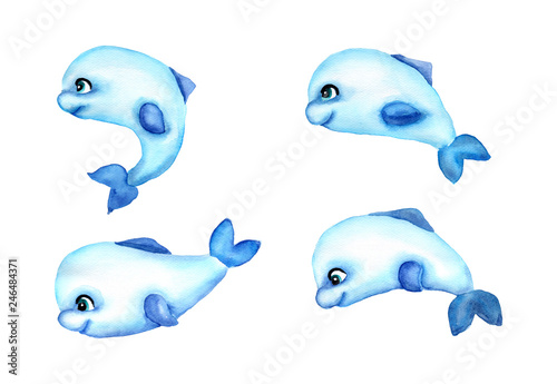 Watercolor set of cute dolphin. Illustration isolated on white background.