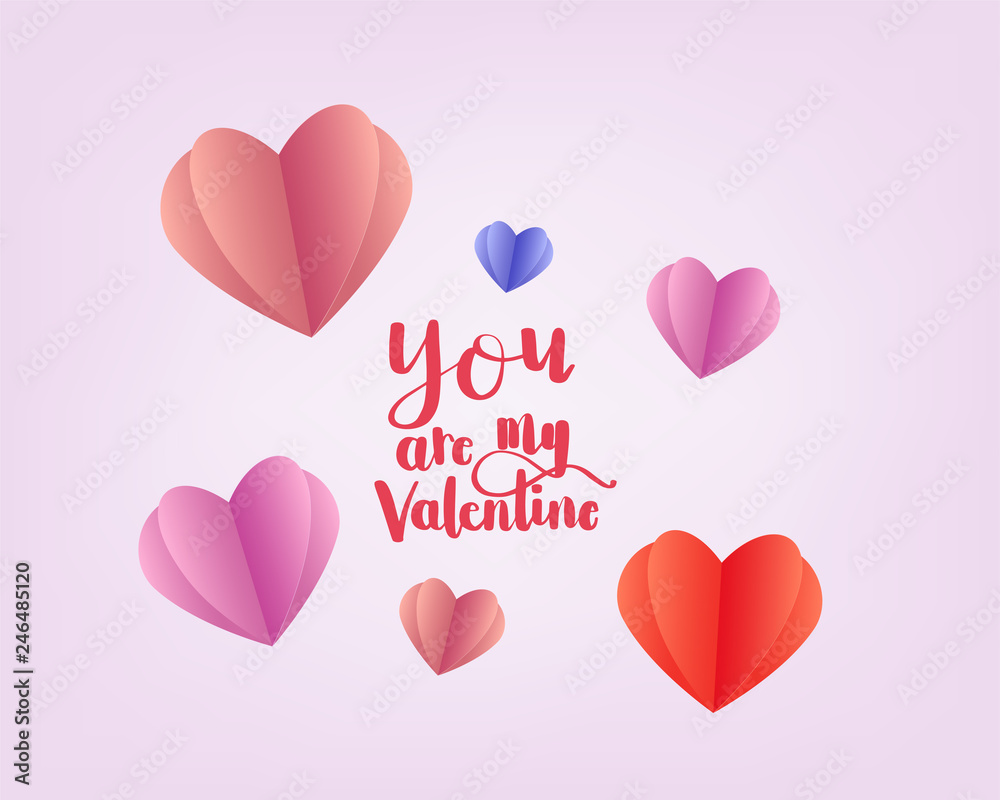 you are my valentine hand calligraphy lettering with paper art of heart on pink background. Concept design for banner, greeting card or poster for Valentine's day in vector illustration 
