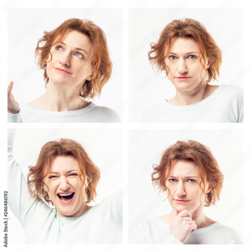 Young casual redhead woman expressing different emotions in collage on white background Young casual redhead woman expressing different emotions in collage on white background