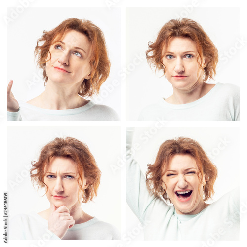 Young casual redhead woman expressing different emotions in collage on white background