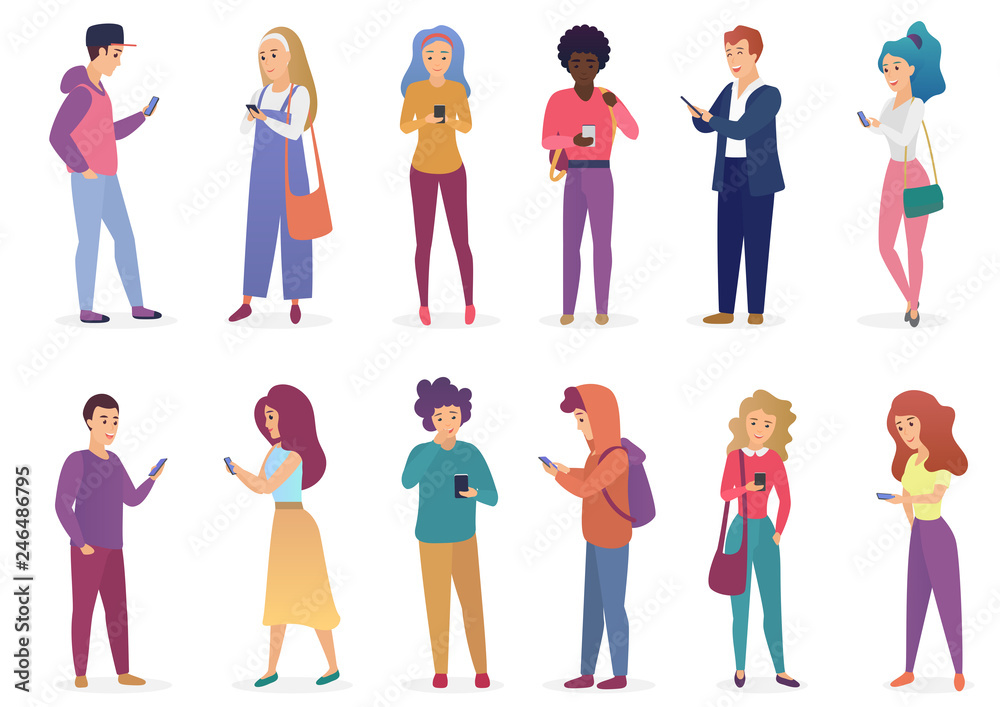 Vector illustration of fashion people speaking phone, using smartphone flat vector illustration. Appearance of modern society, social concept.