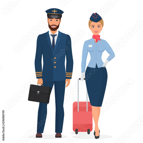 Pilot and stewardess in uniform isolated flat vector illustration.