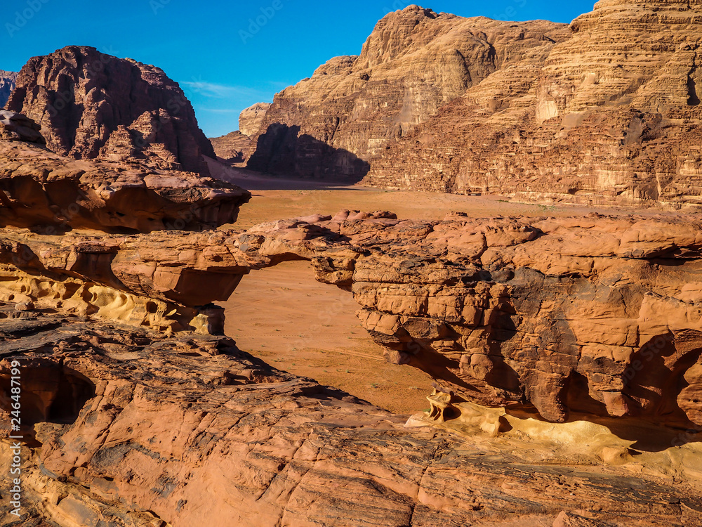 Gorgeous landscape of a natural arches in Wadi Rum Desert Jordan