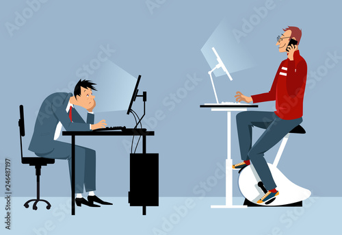 Two man working at the office on the computers, one of them using a stationary bicycle desk, PS 8 vector illustration