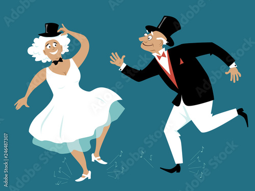 Senior couple dressed in retro fashion tap dancing, EPS 8 vector illustration