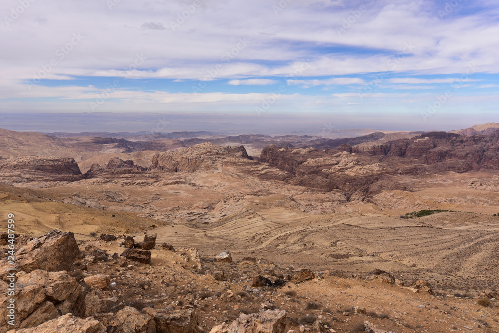 Rocky wild desert landscape near Petra site in Jordan, 2018.
