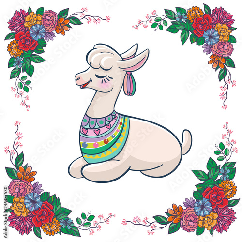 Beautiful llama, alpaca portrait with flowers frame. Vector, sketch, outline, cartoon Illustration