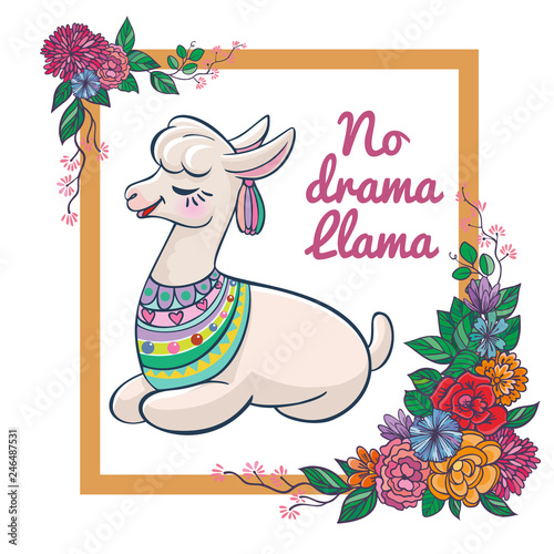 Beautiful llama, alpaca portrait with flowers frame. Vector, sketch, outline, cartoon Illustration