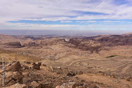 Rocky wild desert landscape near Petra site in Jordan, 2018.