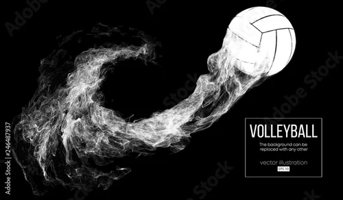 Obraz Abstrakcjonistyczna sylwetka siatkówki piłka na ciemnym, czarnym tle od cząsteczek. Piłka siatkowa leci. Tło można zmienić na dowolne inne. Ilustracji wektorowych