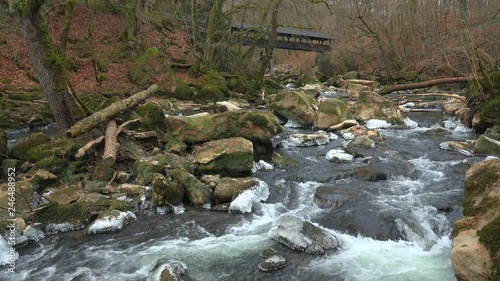 Ice sculptures of Pruem River at Irrel Waterfalls, South Eifel, Rhineland-Palatinate, Germany, Europe photo