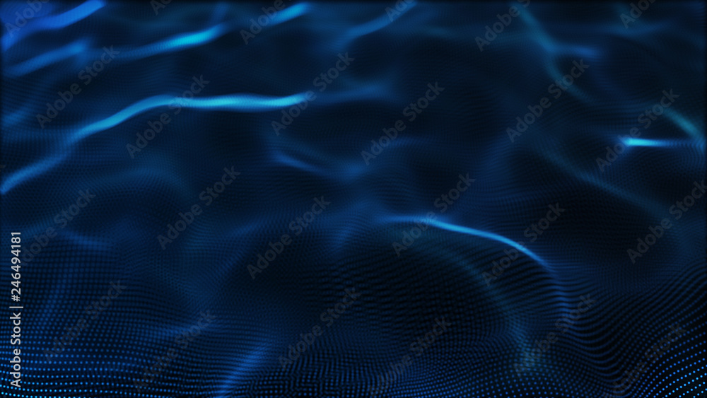 Fototapeta premium Abstract tangle of points on blue background. Chaotic waves in outer space. Large data background .3d rendering.