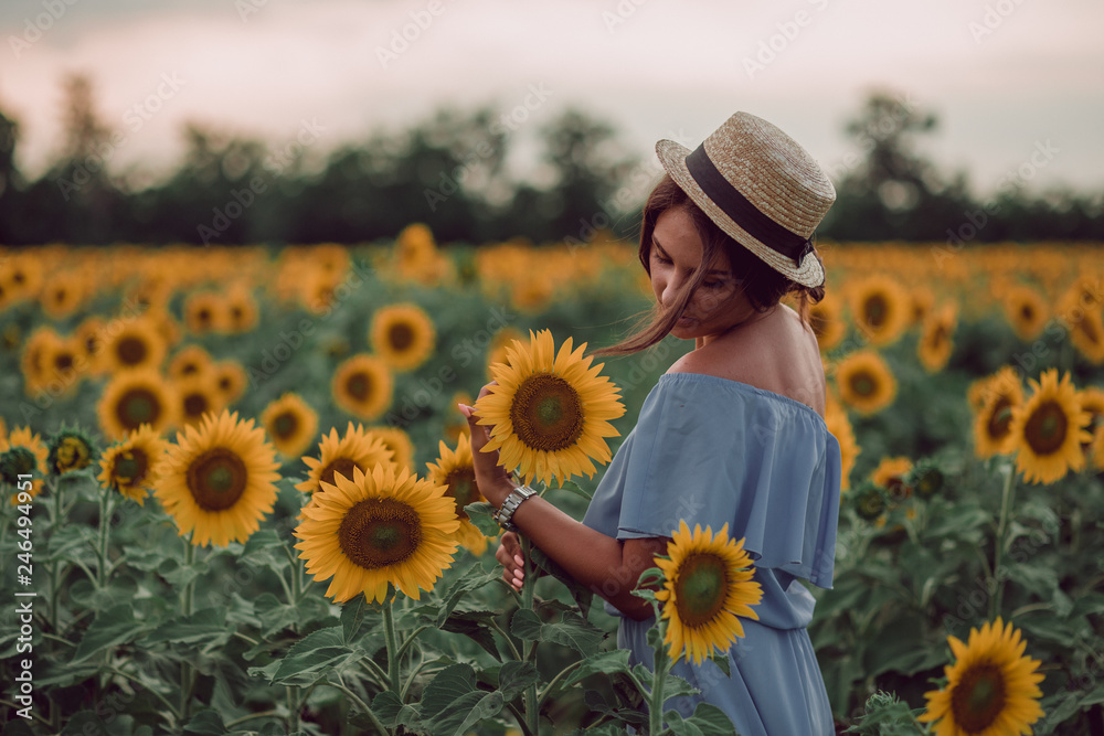 Dreaming young woman in blue dress and hat holding sunflower with a hand in a field of sunflowers at summer, view from her side. Looking down