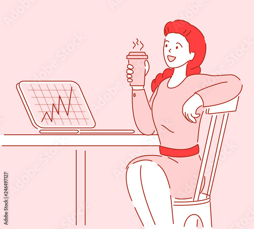 Modern cartoon flat woman character businessman sitting in cafe with laptop,hand drawn style illustration.Outline young freelancer character work, doing business using laptop, drinking coffee at table