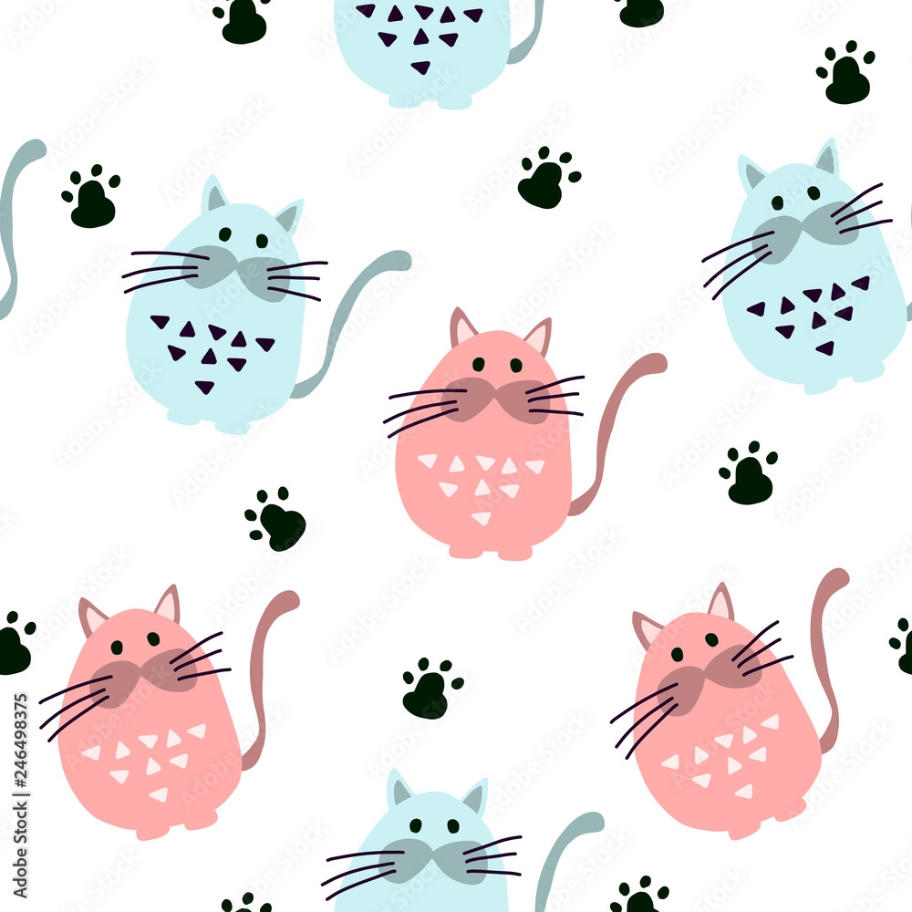 Seamless pattern with cute cats in scandinavian style.