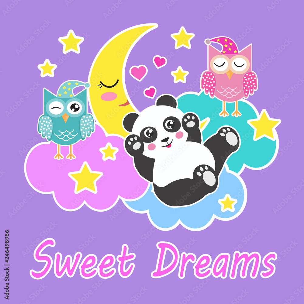 Good night and sweet dreams card with sleeping owls, cute panda ...