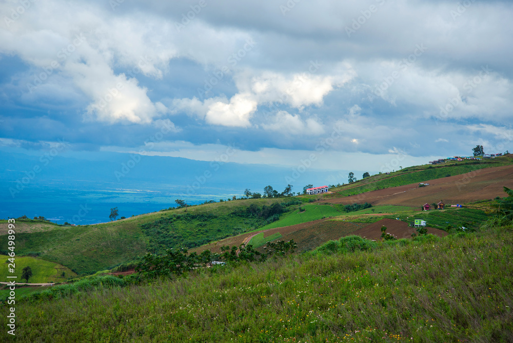 Village on hill / Agricultural area mountain with house village on hill countryside