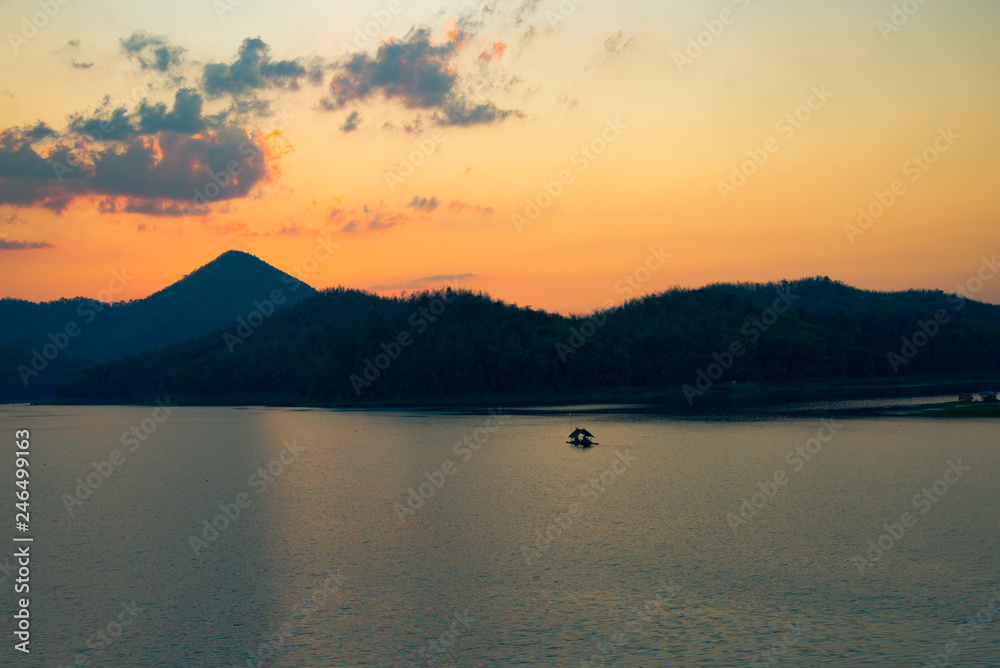 twilight sky river sunset yellow color landscape lake evening time clouds and mountains