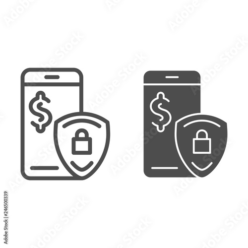 Mobile payment protection line and glyph icon. Pay safety vector illustration isolated on white. Digital money secure outline style design, designed for web and app. Eps 10.