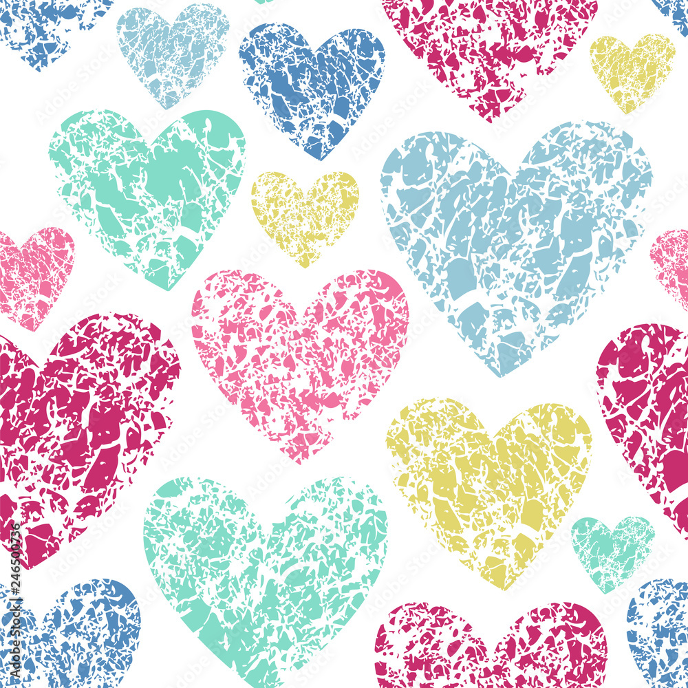 Seamless vector pattern with colorful textured hearts.