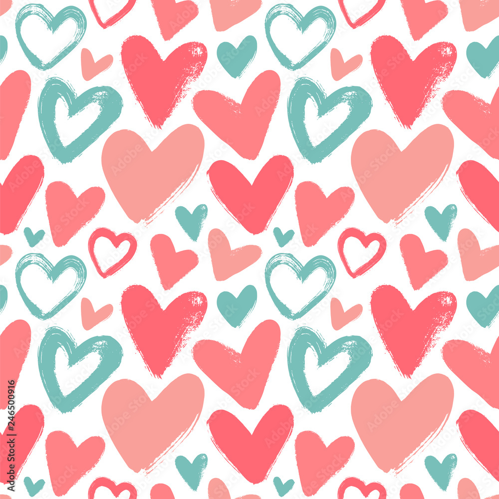 Seamless vector pattern with hand drawn hearts in trendy colors.