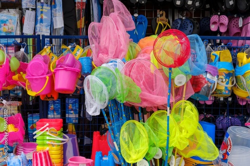 Sale of beach utensils for children, Padstow, Cornwall, England, Great Britain photo