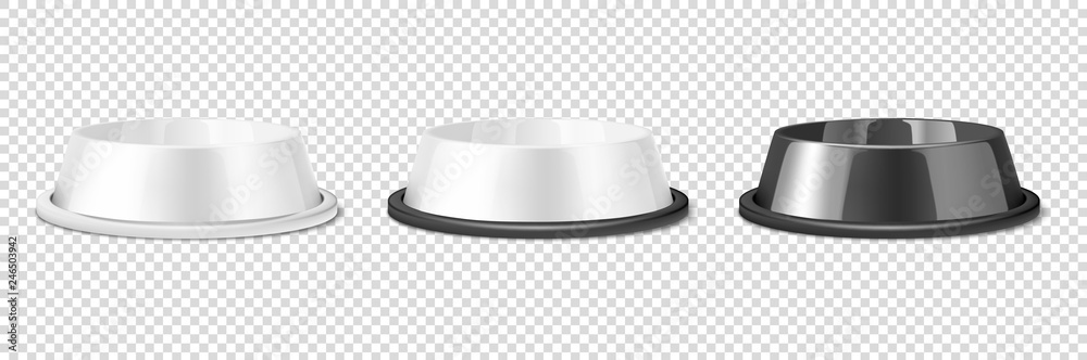 Vector Realistic White and Black Blank Plastic or Metal Pet Bowl Icon Set, Mock-up Closeup Isolated on Transparent Background. Design Template of Bowl for Pet, Cat, Animal Food for Mockup. Front View Vector Realistic White and Black Blank Plastic or Metal Pet Bowl Icon Set, Mock-up Closeup Isolated on Transparent Background. Design Template of Bowl for Pet, Cat, Animal Food for Mockup. Front View
