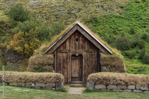 Wooden and peat building, reconstructed, Viking farmhouse Stong, open-air museum Pjooveldisbaer, Pjorsardalsvegur, Iceland, Europe photo