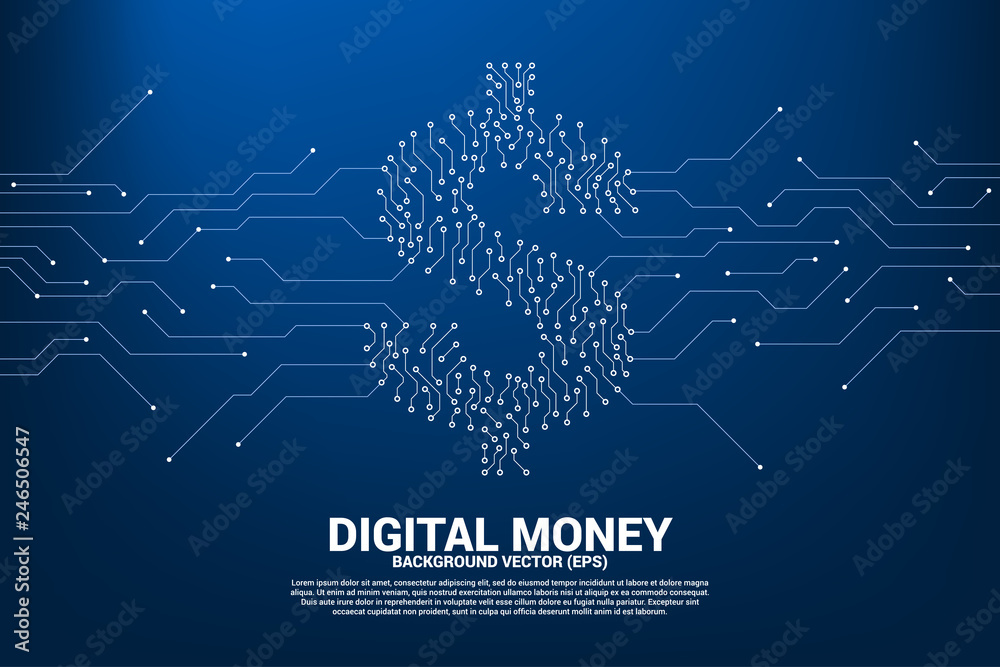 Vector money dollar icon from dot connect line circuit board style. Concept for financial network connection. Vector money dollar icon from dot connect line circuit board style. Concept for financial network connection.