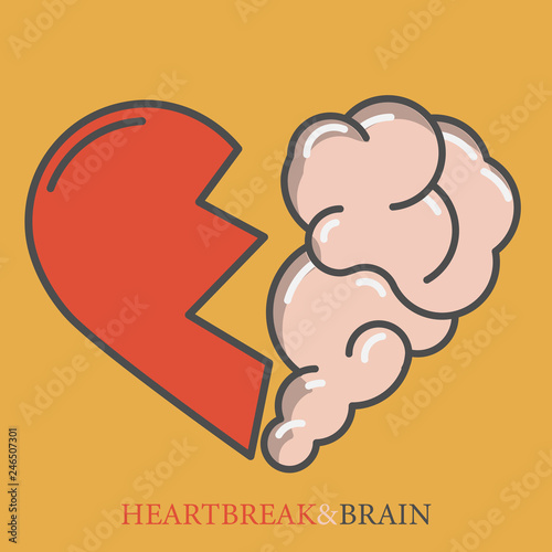Heartbreak vector. Broken Heart and Brain flat modern icon logo vector design. Interaction between soul and intelligence, emotions, loneliness, divorce, broken relationship, rational thinking