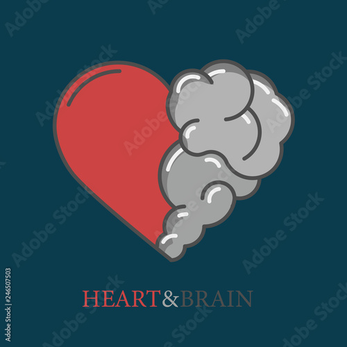Heart and Brain flat modern icon logo vector design. Interaction between soul and intelligence, emotions and rational thinking or teamwork and balance