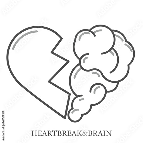 Heartbreak vector. Broken Heart and Brain flat modern icon logo vector design. Interaction between soul and intelligence, emotions, loneliness, divorce, broken relationship, rational thinking